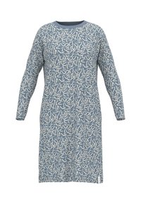 Abito a maniche lunghe realizzato in tessuto morbido, con sfondo blu e motivi astratti color bianco sporco, caratterizzato da un colletto rotondo e una vestibilità rilassata.
