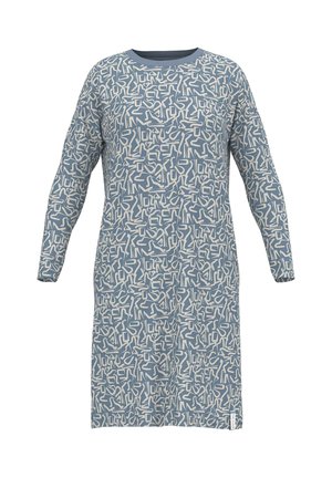 Haljina s dugim rukavima napravljena od mekog materijala s plavom pozadinom i apstraktnim bež uzorcima, s okruglim izrezom i opuštenim krojem.
