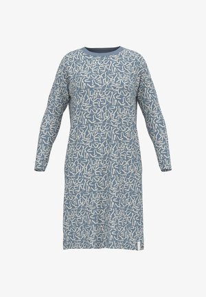 Ilgi rankovių suknelė, pagaminta iš minkštos medžiagos, su mėlynu fonu ir abstrakčiais kreminiai-baltais raštais, su apvalia iškirpte ir laisva sukirpimu.