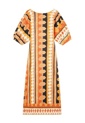 Robe maxi avec un motif géométrique orange, noir et blanc. Manches puff, col rond et silhouette droite.