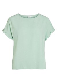 Haut vert menthe à manches courtes avec un col rond et des accents froissés sur les manches, confectionné dans un tissu doux et léger.