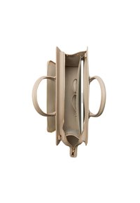 Beige tote bag with two handles, zip closures, and multiple compartments. Smooth exterior leather with gold-tone hardware. Interior space for a laptop.