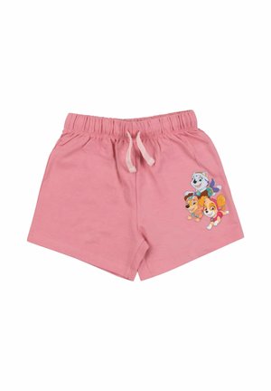 Rosa Kinder-Shorts mit elastischem Bund und Kordelzug, mit bunten Cartoon-Hundemotiven am rechten Bein.