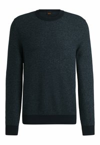 Dunkelblauer Strickpullover mit strukturiertem Muster, Rundhalsausschnitt und gerippten Bündchen. Hergestellt aus weichem Material, geeignet für den Freizeitbereich.