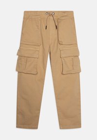 Khaki Cargo-Hosen mit elastischem Bund und Kordelzug, ausgestattet mit zwei großen Seitentaschen und zwei frontalen Taschen. Robustes Baumwollmaterial.