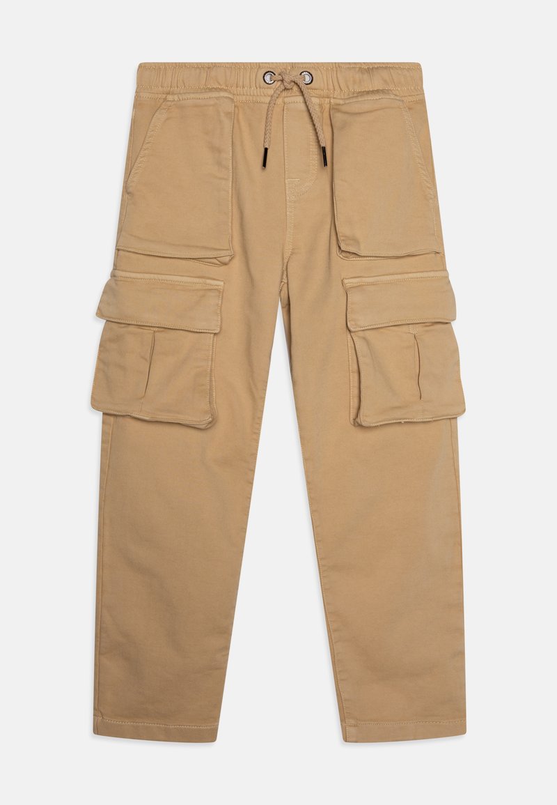 Khaki Cargo-Hosen mit elastischem Bund und Kordelzug, ausgestattet mit zwei großen Seitentaschen und zwei frontalen Taschen. Robustes Baumwollmaterial.