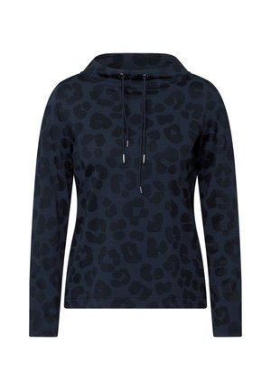 Felpa navy con stampa leopardata nera, presenta un colletto alto e chiusura con cordino, realizzata in tessuto morbido con maniche lunghe e vestibilità rilassata.