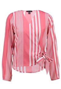 Rosa Wickelbluse mit einem gestreiften Muster in Weiß, langen Ärmeln, einem Bindeband an der Taille und einem V-Ausschnitt, gefertigt aus leichtem Stoff.