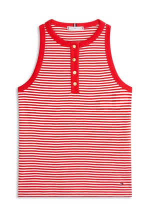 Punaste ja valgete triipudega kampsun ümara kaelusega, esiküljel kolm kuldset nööpi ja väike logodetail ääre lähedal.