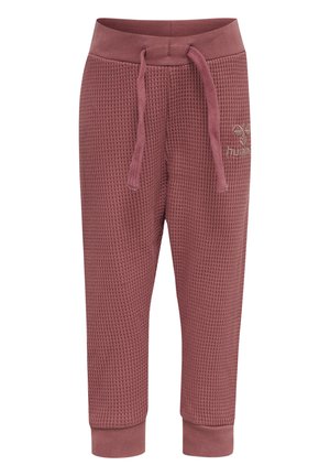 Bordeaux kleurige joggers met wafelstructuur, voorzien van een elastische tailleband en een trekkoord. Heeft geribde boorden en een klein logo op de linker bovenbeen.