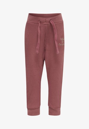 Bordeaux kleurige joggers met wafelstructuur, voorzien van een elastische tailleband en een trekkoord. Heeft geribde boorden en een klein logo op de linker bovenbeen.
