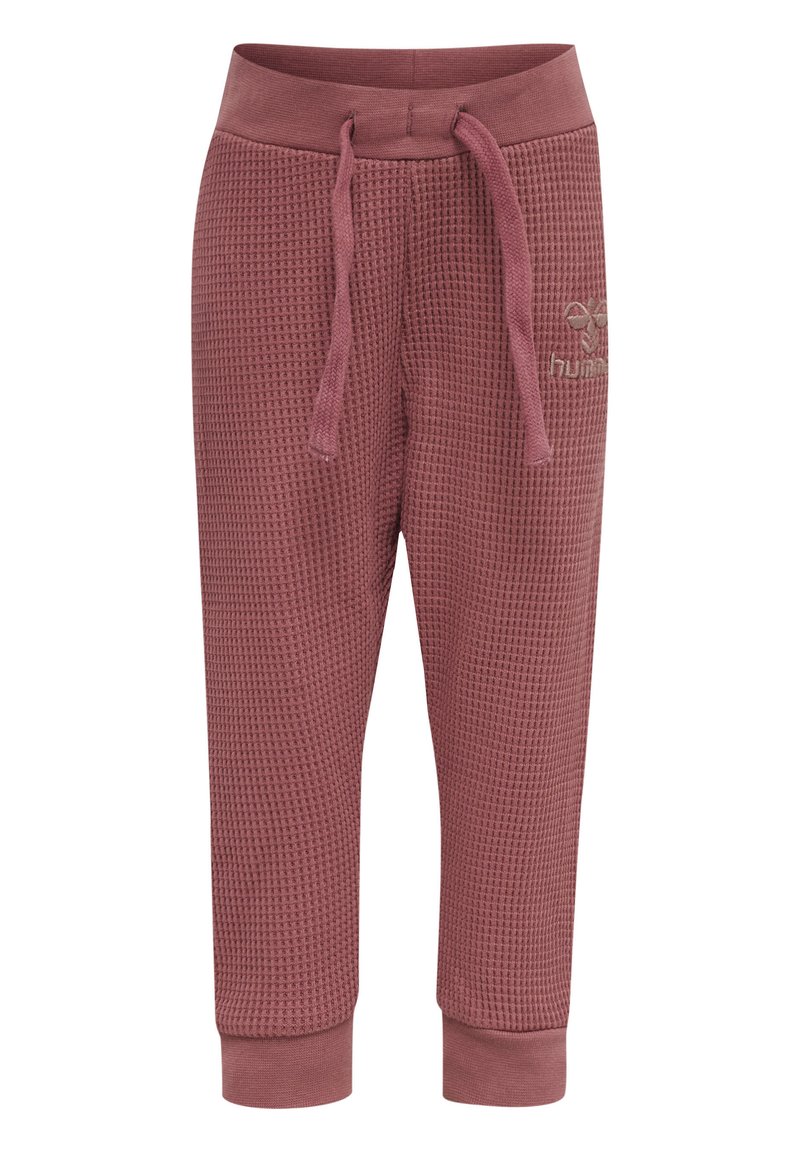Bordo joggers med våffelstruktur, elastisk midjeband och dragsko. Har ribbade muddar och en liten logotyp på vänster lår.