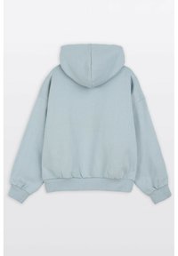 Jasnoniebieska bluza z kapturem z centralnym szwem z tyłu, ściągaczami w mankietach i u dołu. Wykonana z miękkiego materiału o luźnym, oversize'owym kroju i dużym kapturze.
