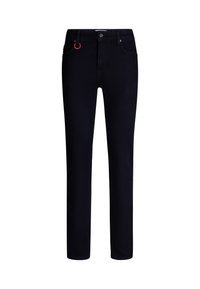 Pantaloni in denim scuro con vestibilità slim, caratterizzati da un anello metallico rosa nello strato della vita, design classico a cinque tasche e gamba dritta.
