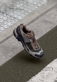 Hiking shoes in shades of brown and gray, featuring a textured upper, streamlined shape, and rugged black sole with pronounced treads.