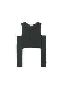 Dark gray knitted cropped sleeveless top with detached long sleeves and a small horizontal tear detail on the front center.
