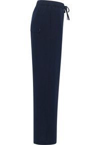 Granatowe lniane spodnie o luźnym kroju, z elastycznym pasem i sznurkiem. Posiadają jedną tylnią kieszeń dla zwiększenia funkcjonalności.