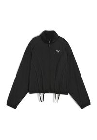 Black cropped jacket made of lightweight fabric, featuring a full zip, stand collar, elastic cuffs, and drawstring hem. Logo on the chest.