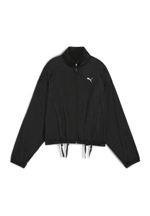 Black cropped jacket made of lightweight fabric, featuring a full zip, stand collar, elastic cuffs, and drawstring hem. Logo on the chest.