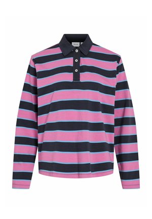Polo majica s dugim rukavima s vodoravnim prugama u ružičastoj, mornarsko plavoj i svijetloplava boji. Ima ovratnik i tri dugmeta na prednjem dijelu.