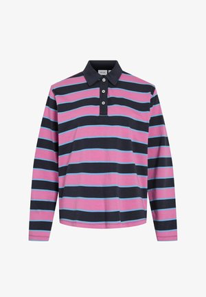 Polo majica s dugim rukavima s vodoravnim prugama u ružičastoj, mornarsko plavoj i svijetloplava boji. Ima ovratnik i tri dugmeta na prednjem dijelu.