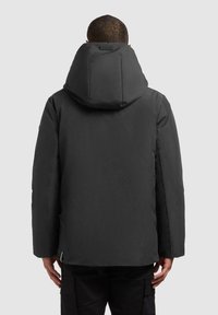 Black padded jacket with a large hood. Smooth texture, straight cut, and side pockets. No visible logos or patterns.