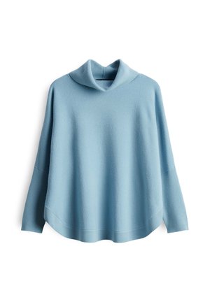 Maglione azzurro chiaro a maniche lunghe con vestibilità ampia e collo a imbuto largo, esposto su uno sfondo bianco.