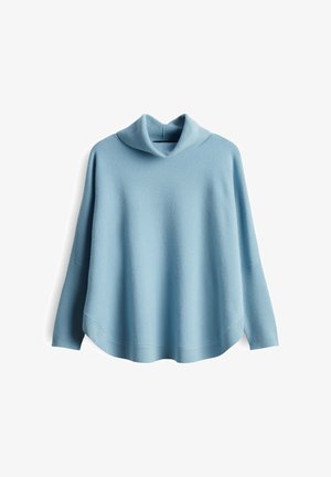 Hellblaues Langarm-Sweatshirt mit lockerer Passform und weitem Funnel-Neck, auf weißem Hintergrund präsentiert.
