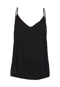 Camisola nera realizzata in tessuto leggero, con scollatura a V e spalline sottili, accentuata da un bordo rosa a contrasto lungo la scollatura.