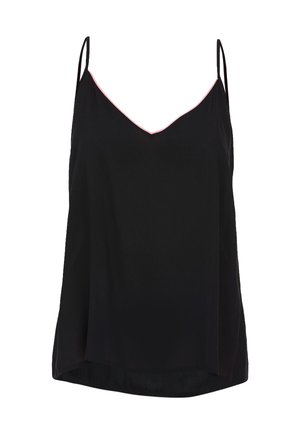 Zwarte top van lichtgewicht stof, met een V-hals en dunne bandjes, verfraaid met een contrasterende roze rand langs de halslijn.