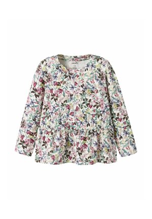 Langärmliges Oberteil mit rundem Ausschnitt, das einen floralen Druck in verschiedenen Farben auf einem hellen Hintergrund und einen rüschengesäumten Saum hat.