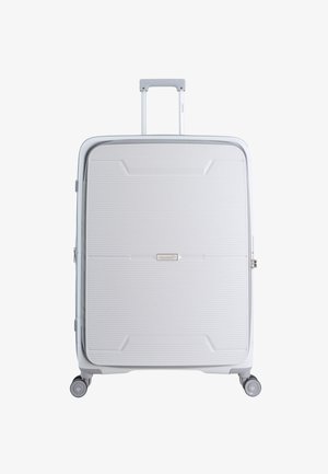 Hartschalenkoffer in Weiß, mit horizontaler gerippter Textur, einem ausziehbaren Griff und leichtgängigen Rollen. Reißverschlussdetails.