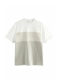 T-shirt à manches courtes en blanc et gris clair. Présente une rayure horizontale texturée sur la poitrine. Fabriqué en tissu doux et respirant.