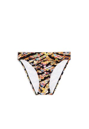 Swim bikini bottom in a black base with multicolored abstract patterns. Smooth fabric with a low-rise design and contrasting white lining.