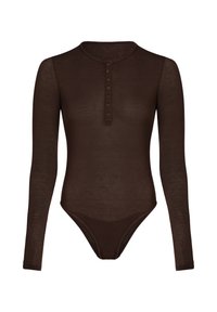 Lange mouwen bruine bodysuit van doorschijnende stof, met een ronde halslijn en een knoopsluiting met vijf knopen.