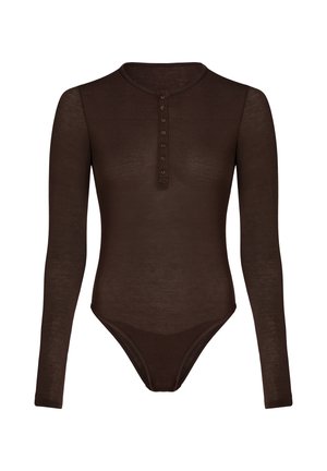Body à manches longues en tissu transparent, de couleur marron, avec un col rond et une patte de boutonnage comportant cinq boutons.