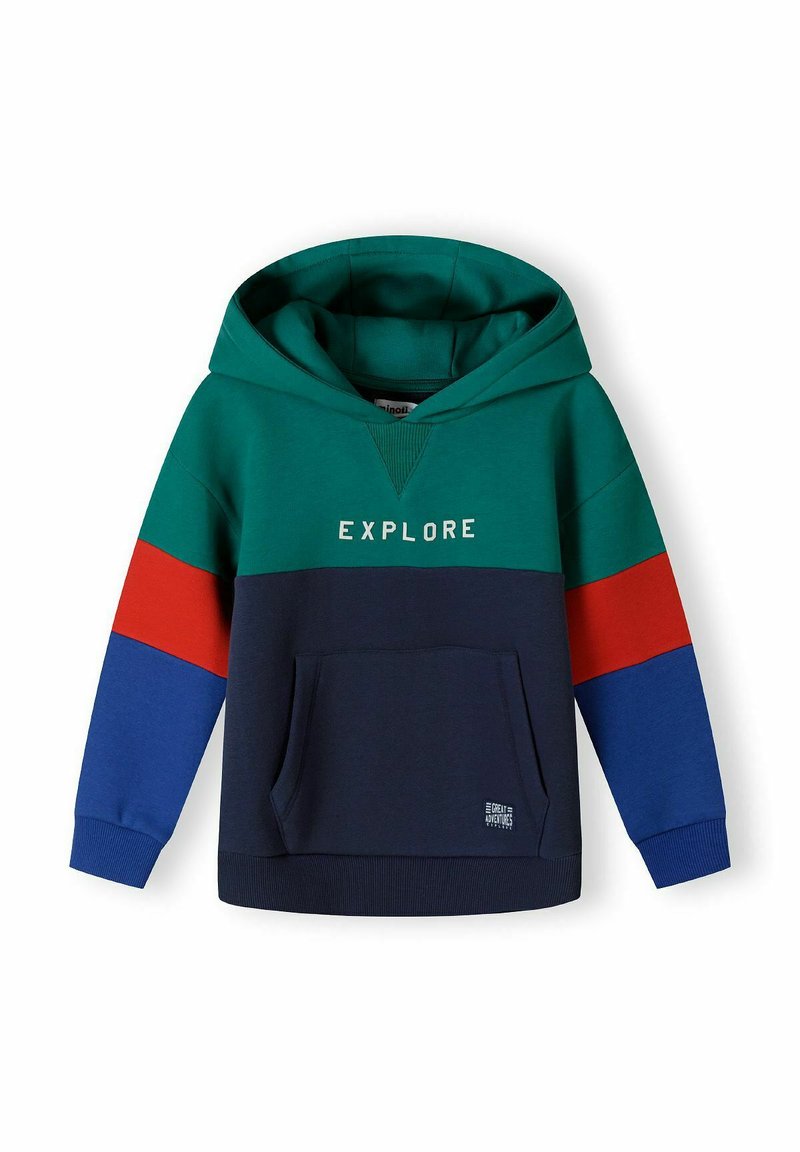 Bluza z kapturem w zielono-czerwono-niebieskim wzorze kolorowych bloków. Posiada kieszeń z przodu oraz napis "EXPLORE" na klatce piersiowej.