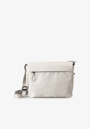 Light gray crossbody messenger bag with adjustable strap, front zipper pocket, and embossed "a/u" logo on smooth fabric surface.