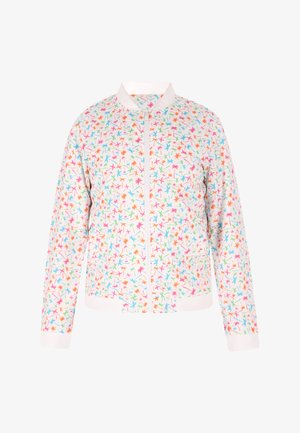 Könnyű bomber dzseki fehér alapon, színes levélmintákkal rózsaszín, kék és narancssárga színekben. Állsál és cipzáras záródás.