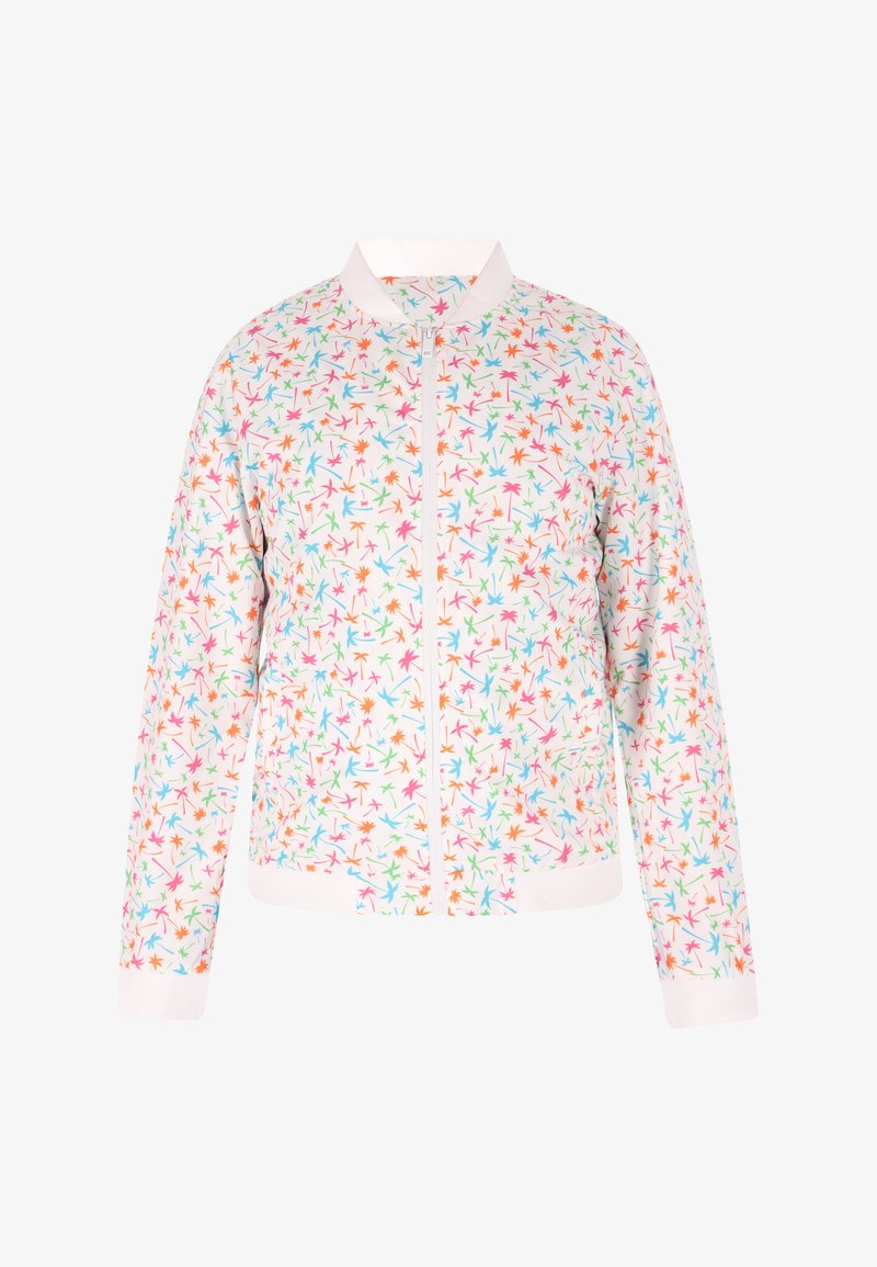 Jachetă bomber ușoară cu un fundal alb, având modele colorate de frunze în nuanțe de roz, albastru și portocaliu. Guler fals și închidere cu fermoar.