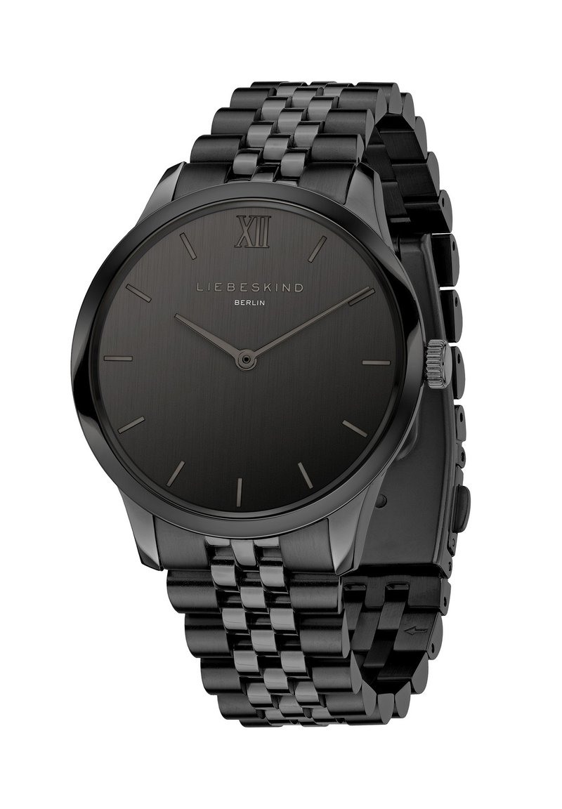 Schwarze analoge Armbanduhr mit gebürstetem schwarzen Ziffernblatt, minimalistischen Stundenmarkierungen und einem Edelstahlarmband mit linkartigem Design.