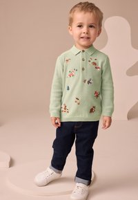 Maglione lavorato a maglia verde chiaro con ricamo di animali, collo con bottoni, abbinato a jeans blu scuro e sneakers bianche. Sfondo uniforme.