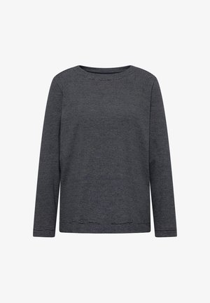 Camicia a maniche lunghe di un grigio scuro con un sottile motivo a righe, scollo rotondo e vestibilità rilassata. Tessuto morbido con un aspetto leggermente texturizzato.