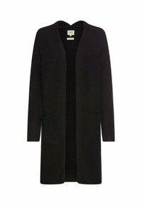 Schwarze Strickjacke mit offenem Vorderteil, langen Ärmeln und zwei Fronttaschen. Weiche Textur und lockere, lässige Passform.