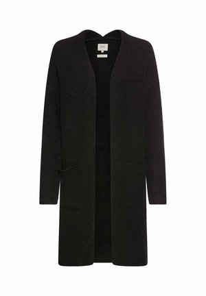 Cardigan noir tricoté avec un devant ouvert, des manches longues et deux poches avant. Texture douce et coupe ample et décontractée.