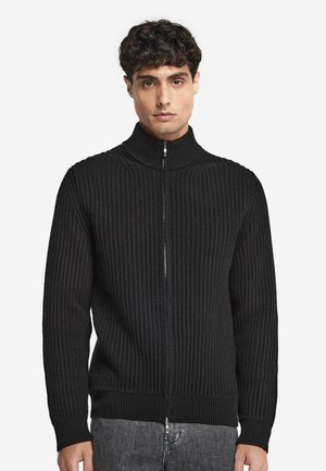 Schwarze gestrickte Zip-Karte mit hohem Kragen, gerippter Textur und langen Ärmeln, ausgestattet mit einem eleganten Metallschneider.