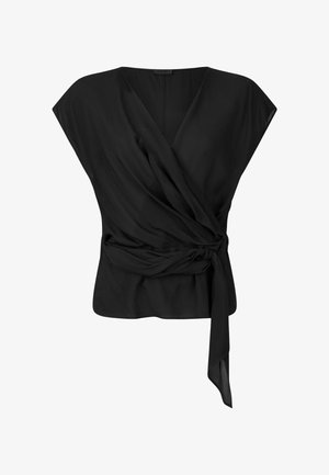 Must be black wrap-top, mis on valmistatud kergest kangast. Omab lühikesi varrukaid, kinnitust vööle ja sügavat V-dekolte ning pehmeid voldikesi.