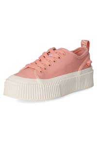 Rosa lærret sneakers med plattformsåle, teksturert hvit gummi-base og rund tå. Har snøring og en trekktab på hælen.