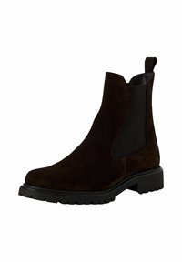 Bottines Chelsea en daim marron avec des panneaux latéraux élastiques, une languette de tirage et une semelle en caoutchouc noir texturé pour une bonne adhérence. Design classique hauteur cheville.