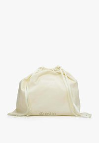 Beige trekkoordtasje met lange koorden, bovenkant samengeknepen, en het "estro"-logo gedrukt nabij de onderste middenkant.